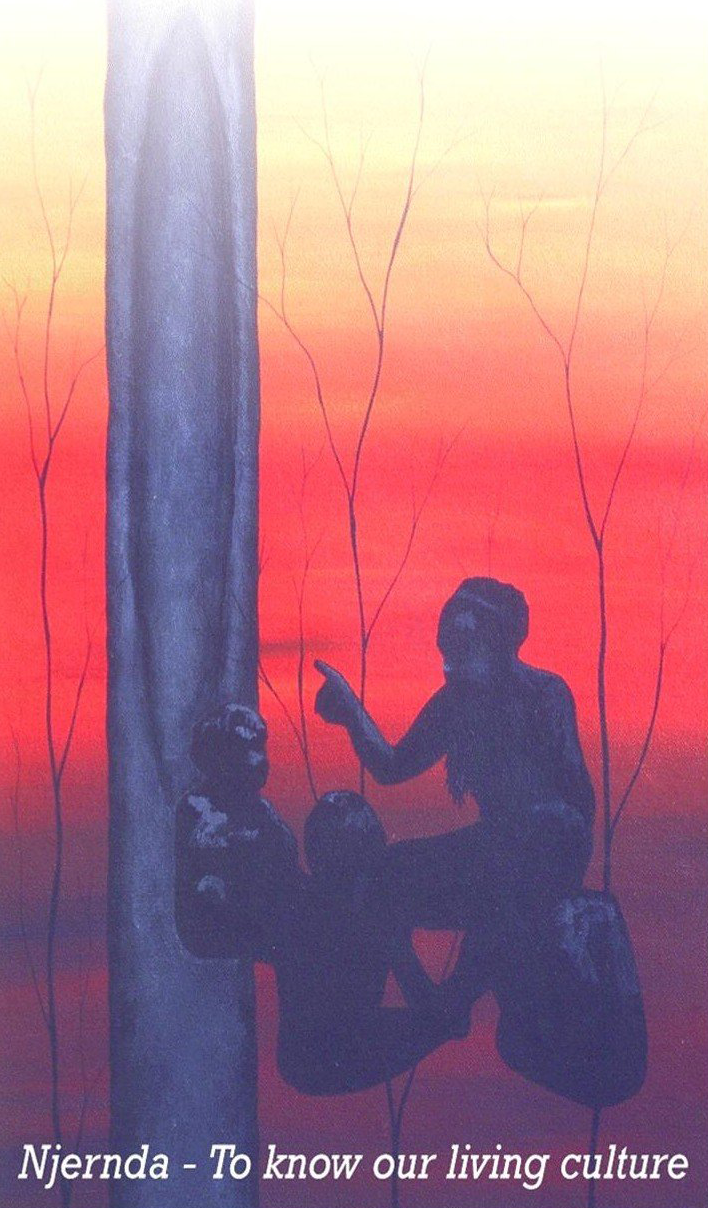 Silhouetted figures climbing in a forest, set against a red and blue backdrop. One figure points upwards.