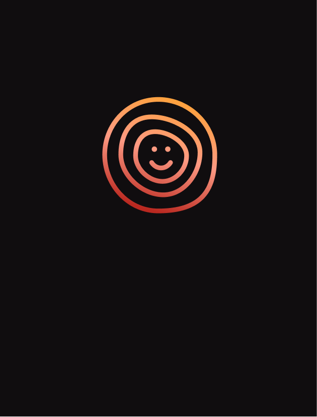Smiling face within concentric orange circles on a black background.