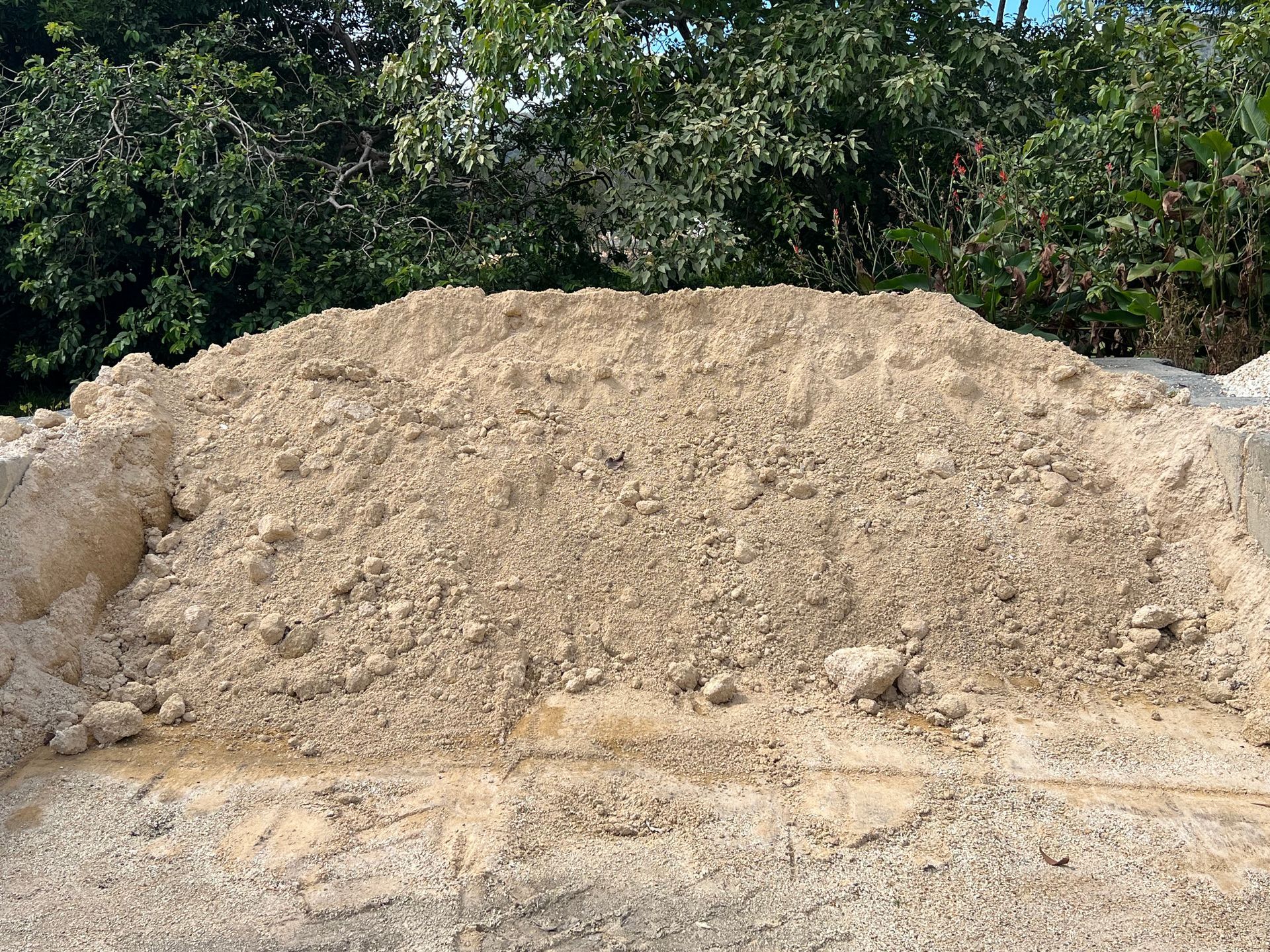 A large pile of light brown, coarse sand sits against a background of green trees — Laurieton Landscape Supplies In Laurieton, NSW