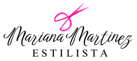 Logotipo para Mariana Martinez Estilista, con texto cursivo y tijeras rosas.