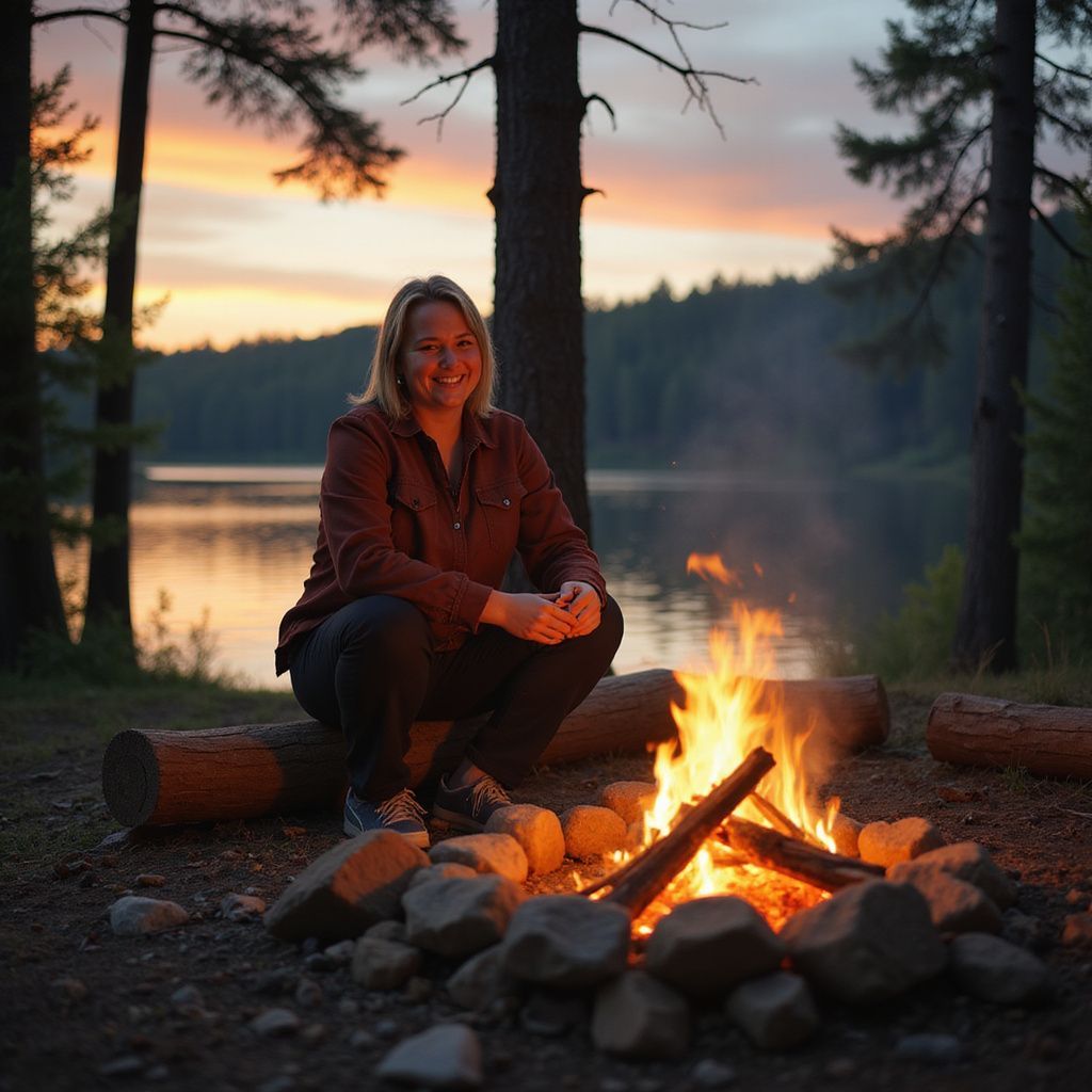Woman smiling by campfire at sunset, lake in background.