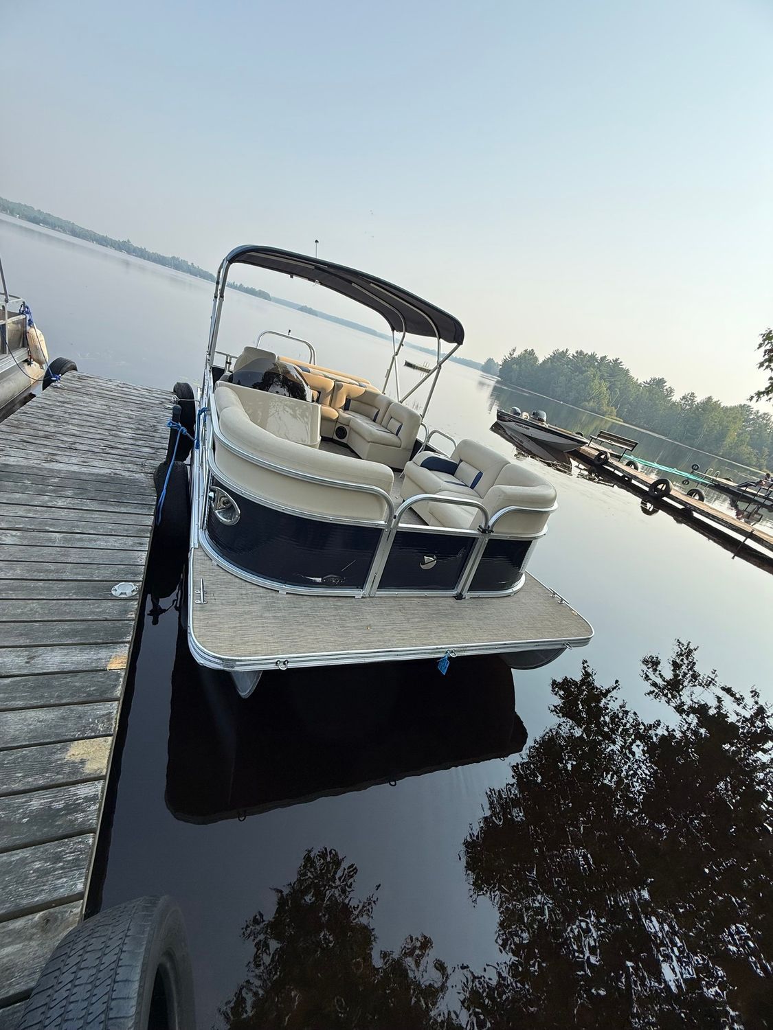 Pontoon boat docked at a wooden pier on a calm lake, dark blue hull, tan seating, black canopy.