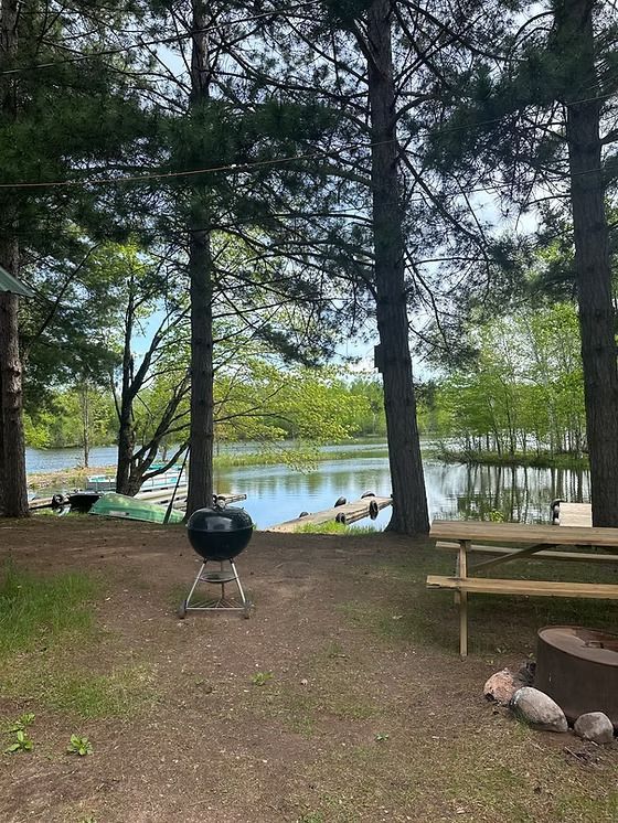A lakeside campsite with a charcoal grill, picnic table, and fire ring, trees surround the lake.