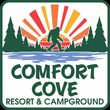 Logo: Bigfoot silhouette in front of lake, sunset, and trees; "Comfort Cove Resort & Campground" text.