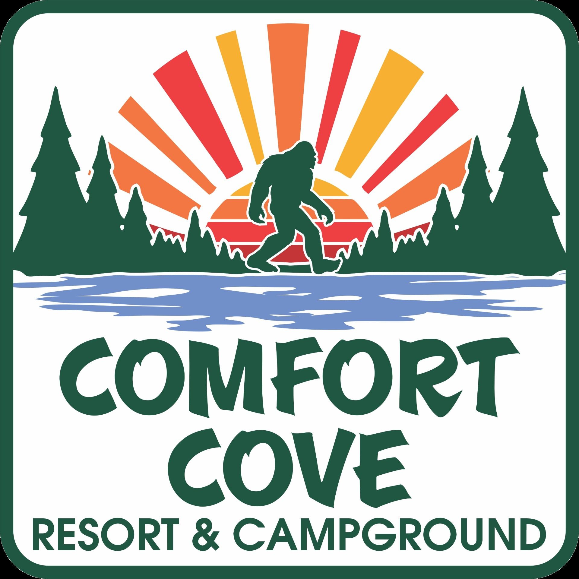 Logo: Bigfoot silhouette in front of lake, sunset, and trees; "Comfort Cove Resort & Campground" text.
