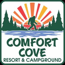 Logo: Bigfoot silhouette in front of lake, sunset, and trees; "Comfort Cove Resort & Campground" text.