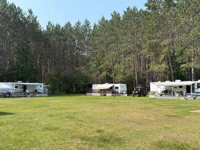 Campground with three RVs on grassy area, tall trees in the background. Sunny, daytime.