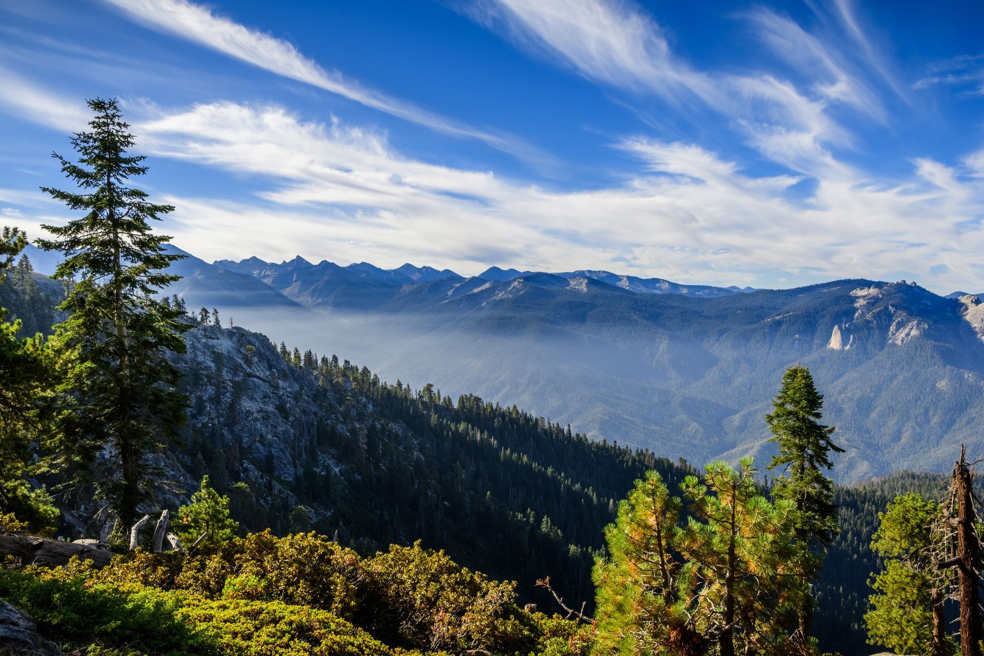 Mountain valley with evergreen trees, rocky cliffs, and a bright blue sky with wispy clouds