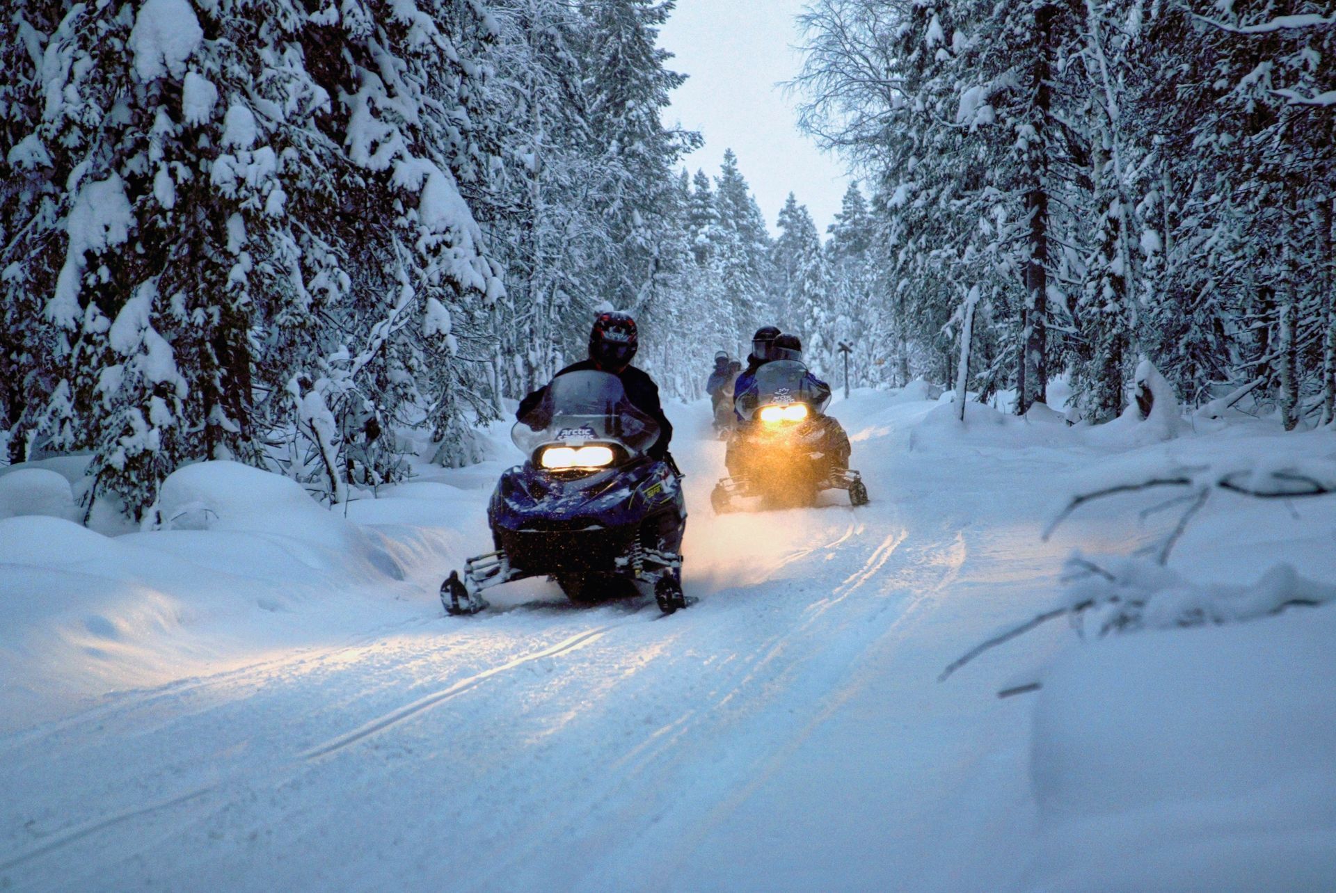 Two snowmobiles riding through a snowy forest at dusk, headlights glowing.