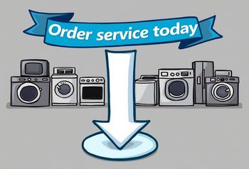 A cartoon drawing of appliances with an arrow pointing down and a banner that says order service today