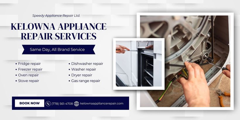 A person is working on a washing machine with a screwdriver on a banner ad for Speedy Appliance Repair Ltd listing company services and contact information.