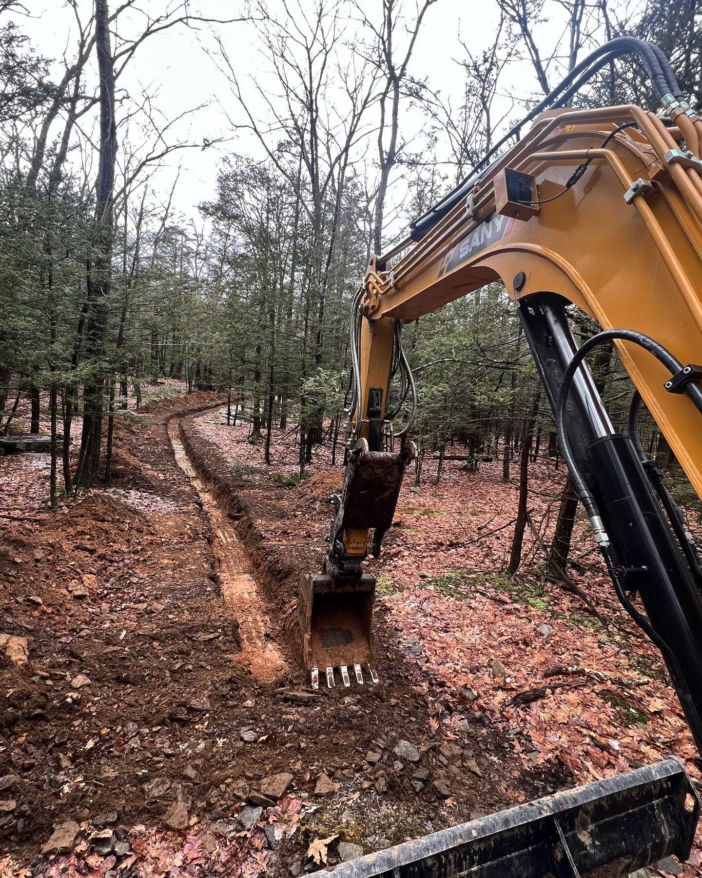 A yellow excavator is digging a trench in the woods.