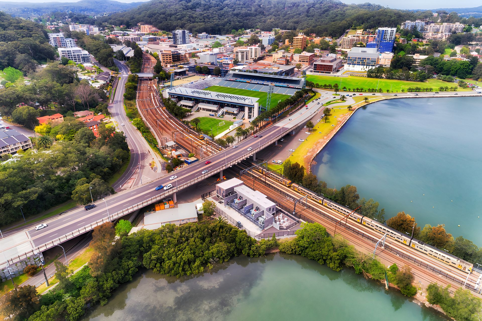 Aerial View of a City With Roads, Train Tracks — Best Price Towing in Gosford, NSW