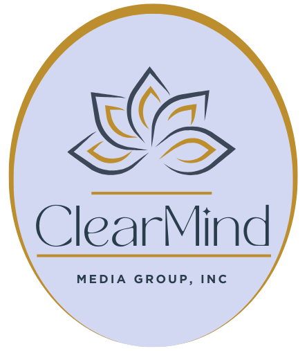 Logo for ClearMind Media Group, Inc. features a stylized floral design in a blue oval with gold accents.