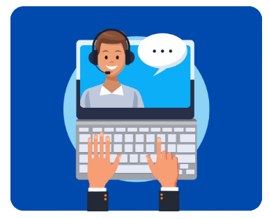 A person wearing a headset is on a computer screen, while hands type on the keyboard. Text bubble above the screen.