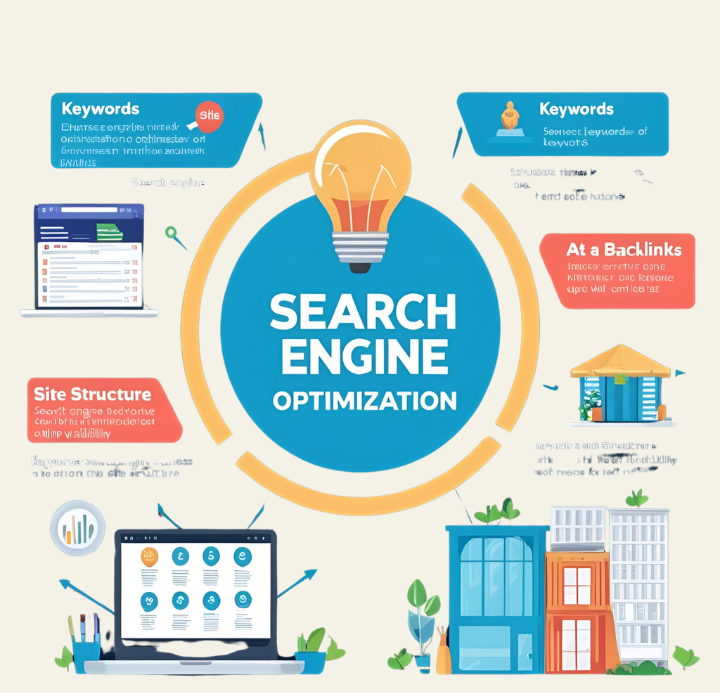 Infographic on Search Engine Optimization (SEO). Includes keywords, site structure, backlinks, and a central lightbulb icon.
