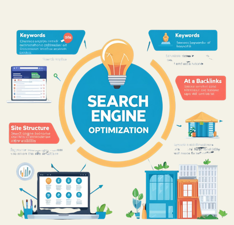 Infographic on Search Engine Optimization (SEO). Includes keywords, site structure, backlinks, and a central lightbulb icon.