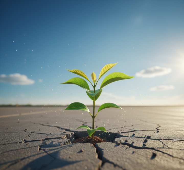 Green sprout growing from cracked pavement under a blue sky, symbolizing resilience.