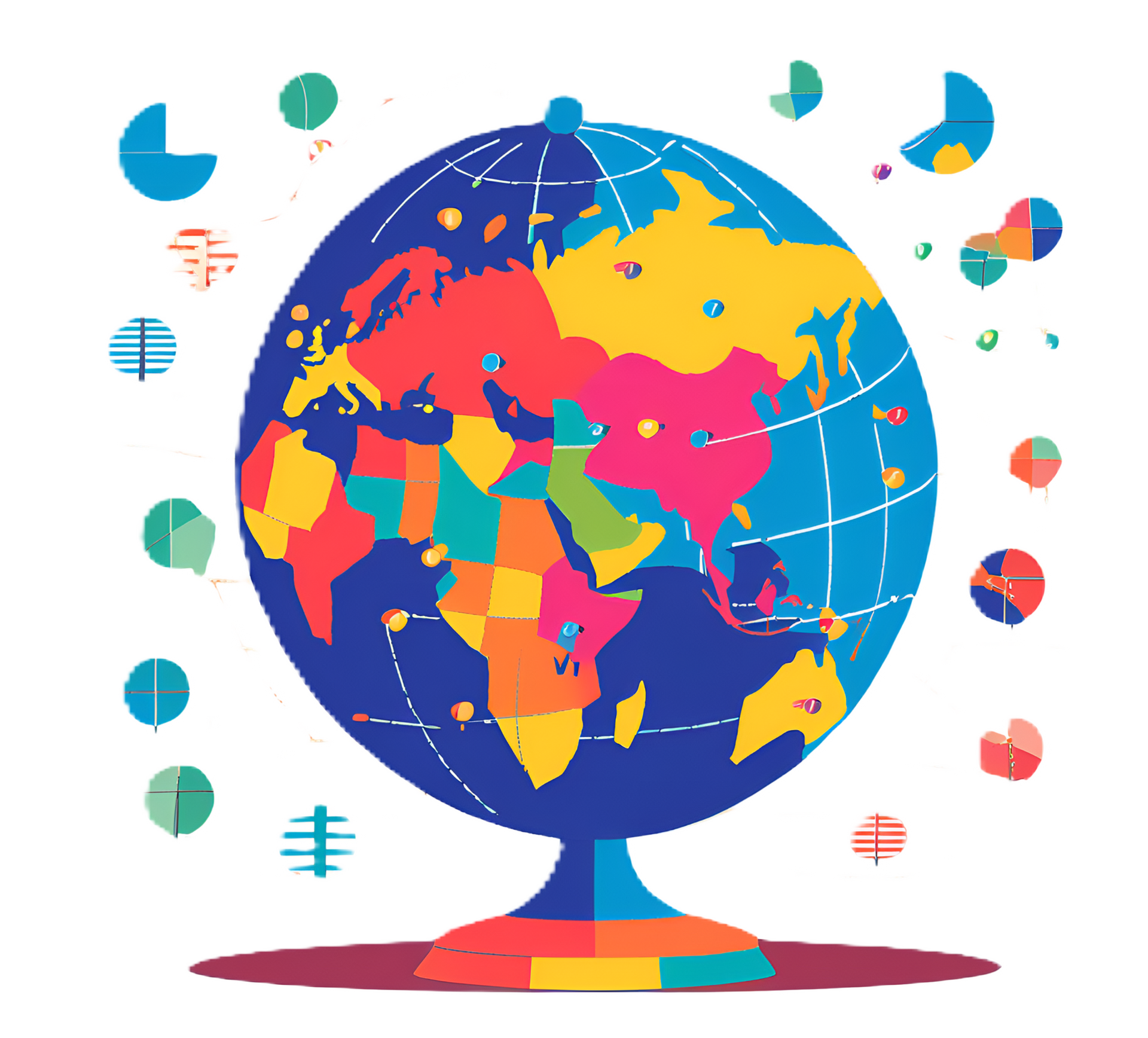 Colorful world globe illustration with pie charts around it, representing data visualization.