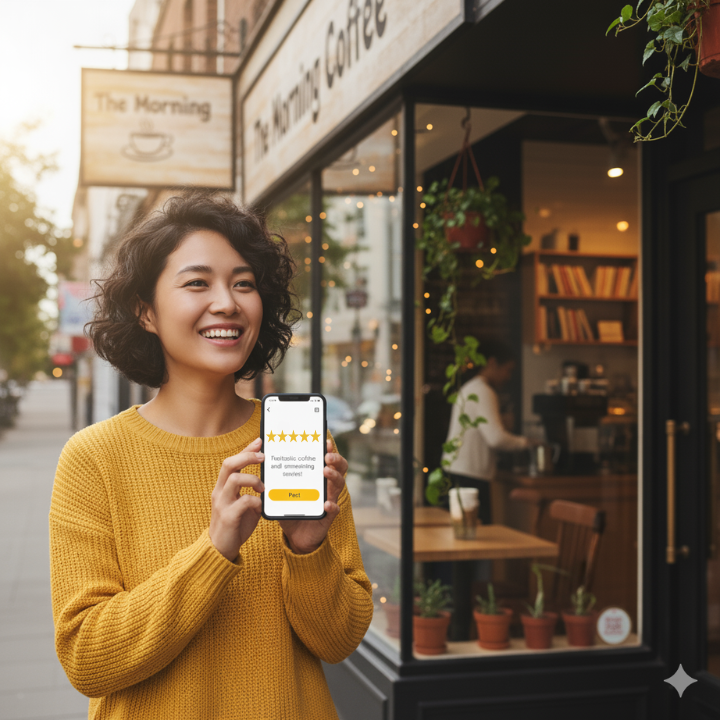 Woman outside coffee shop, smiling, holding phone showing 5-star review. Yellow sweater, sunny day.