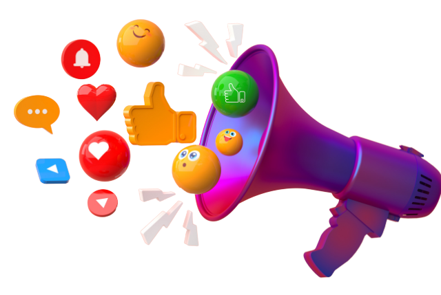 Purple megaphone blasting social media icons and emojis.