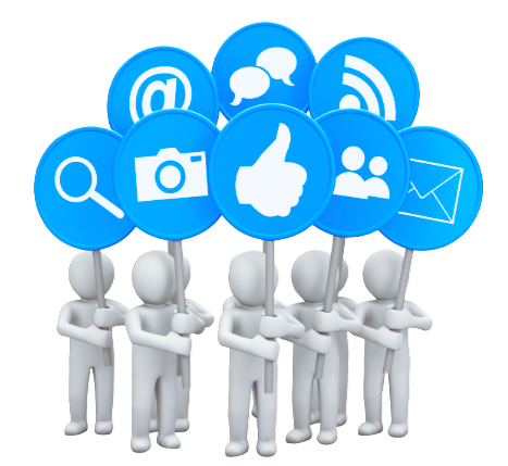 White figures holding blue signs with social media icons.