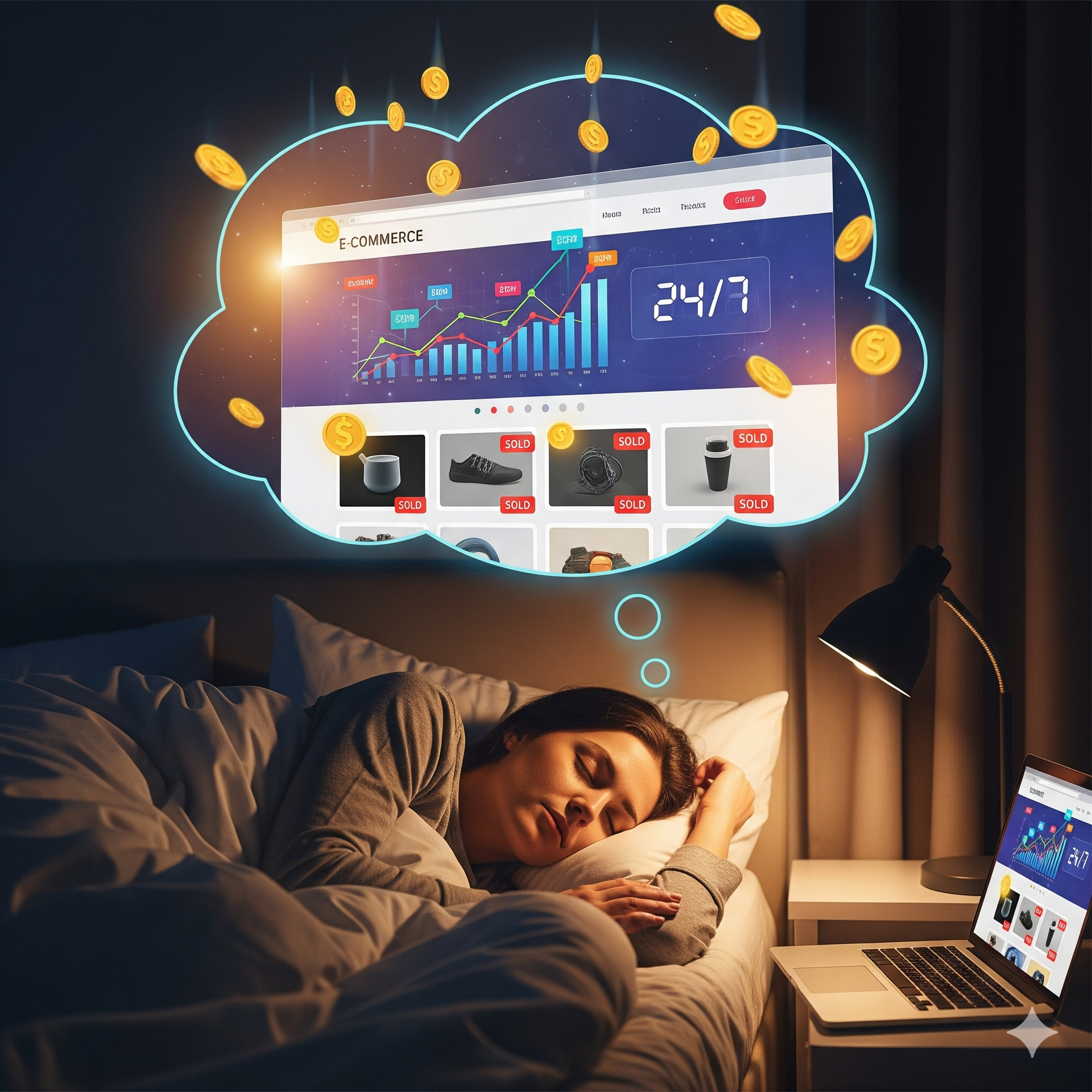 Woman asleep in bed, dreaming of a website with rising sales, coins falling from a thought bubble.