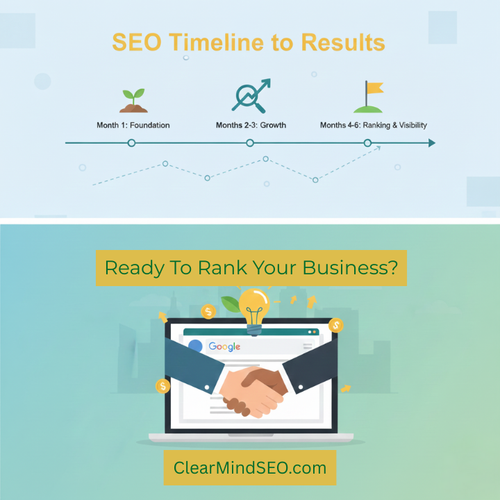 SEO timeline graphic: Foundation, growth, ranking & visibility. Laptop with Google logo, handshake. 