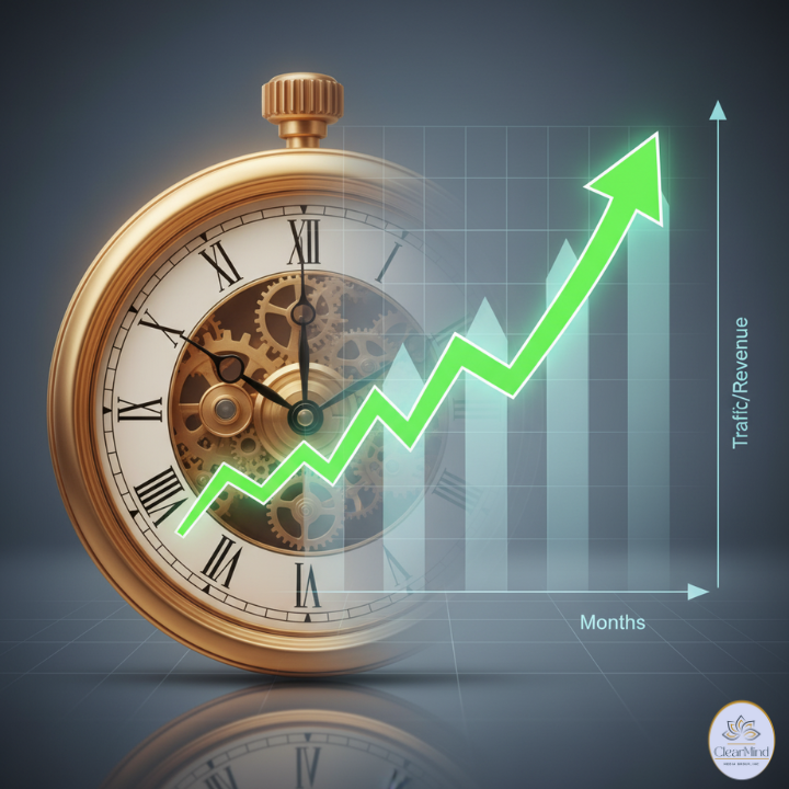Gold pocket watch overlaying a green growth chart with upward trend, representing traffic and revenue over time.