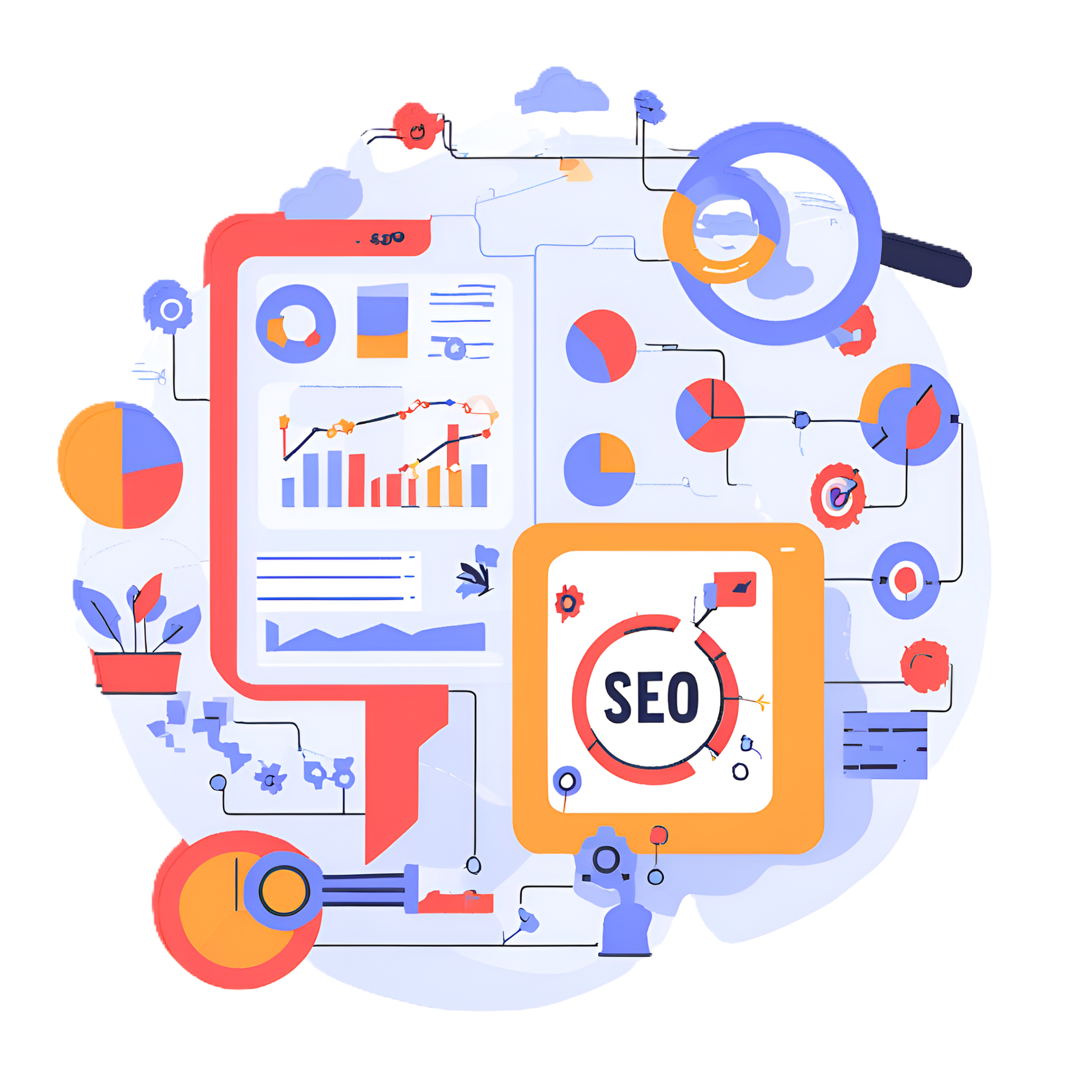 SEO concept illustration with data charts, a magnifying glass, and the text