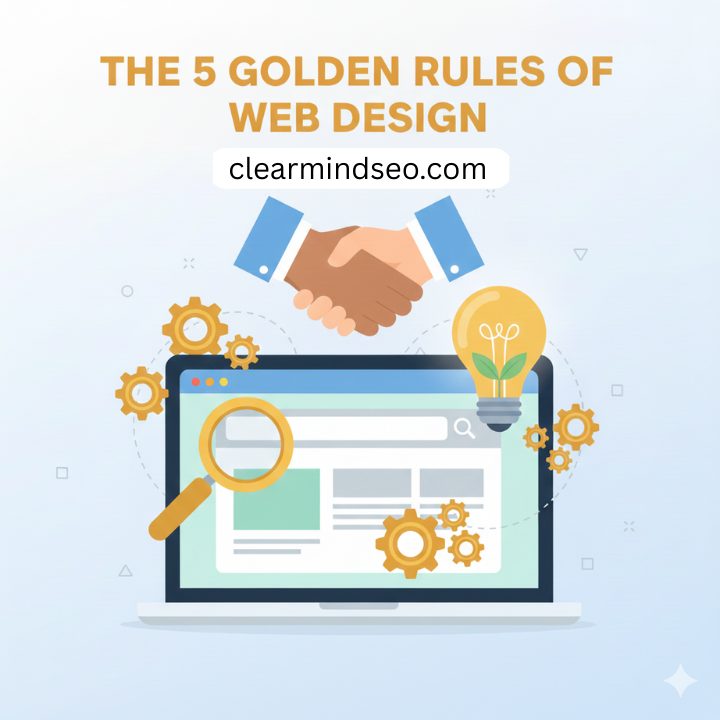 Illustration of a laptop with gears, magnifying glass, and lightbulb. Handshake at the top, 