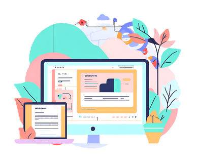 Desktop computer and laptop display a website, surrounded by colorful abstract shapes and plants.