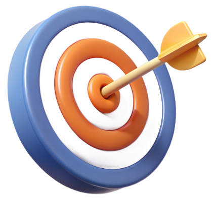 Target with a yellow arrow hitting the center bullseye, orange and white rings, blue border.