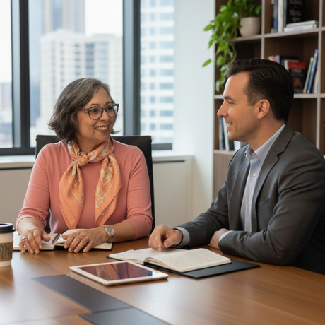  ClearMind Media Group founder Isley Goulart consulting with Chelmsford MA business owner
