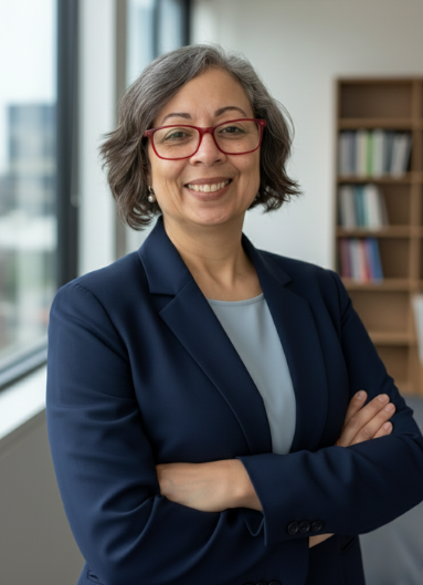  Isley Goulart, founder of ClearMind Media Group in Chelmsford MA, smiling, wearing a navy blazer and light blue blouse.