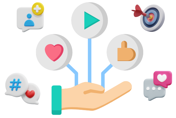 A hand holding social media icons: play button, like, heart, target, and chat bubbles with hashtags and hearts. Professional social media content  for Chelmsford MA business
