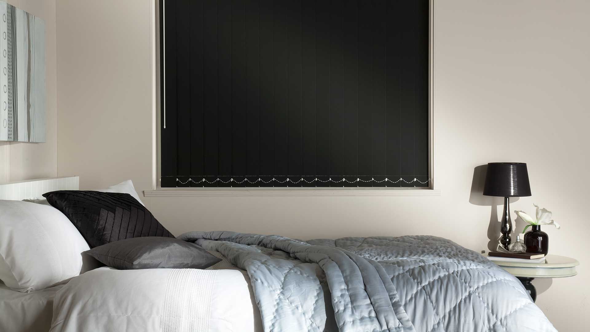 Black Block Out Blinds in a Bedroom — Whitsunday Blinds & Security In Beaconsfield, QLD