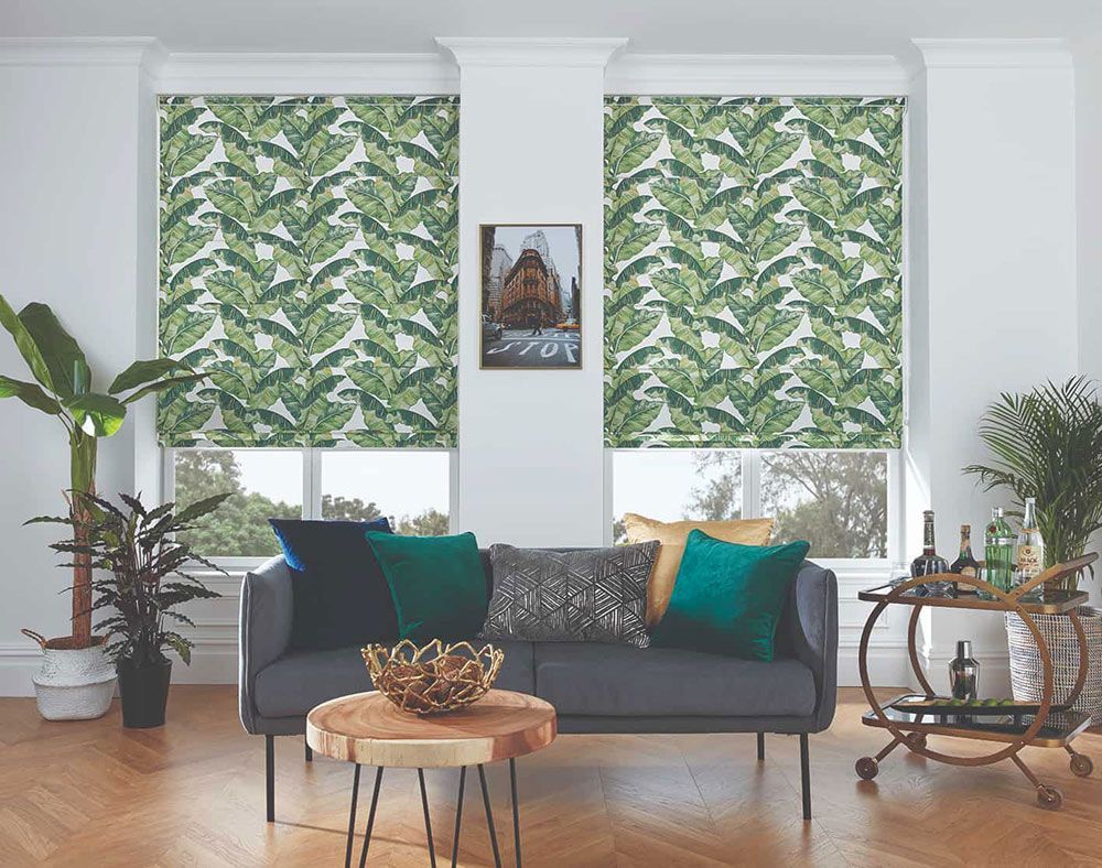 Two Windows With Green Leaves Design Roman Blinds — Whitsunday Blinds & Security In Beaconsfield, QLD