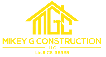 Logo for Mikey G Construction: house graphic with 