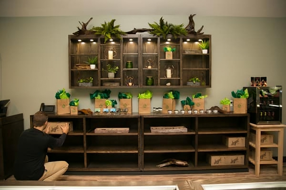 A man is sitting in front of a shelf with plants on it.