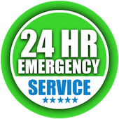 A green circle with the words `` 24 hr emergency service '' written inside of it.