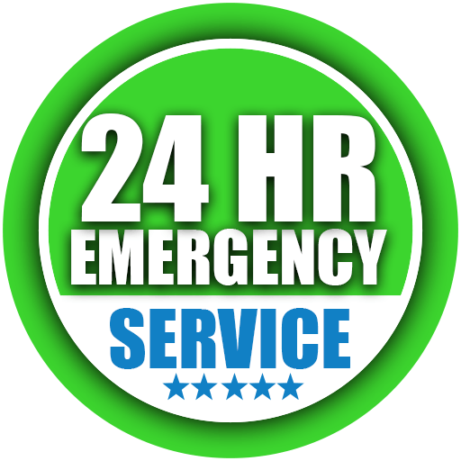 A green circle with the words `` 24 hr emergency service '' written inside of it.