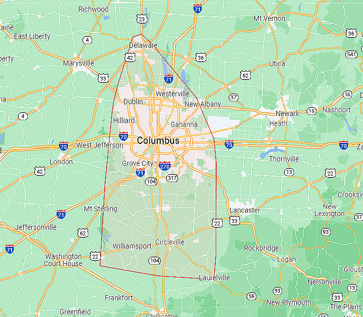 A map of columbus ohio is shown on a google map.