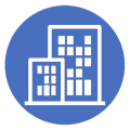 An icon of two buildings in a blue circle.