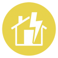 A yellow circle with a house and a lightning bolt inside of it.