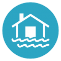 A house is surrounded by water in a blue circle.