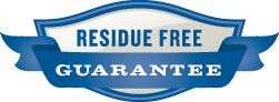 A blue and white badge that says `` residue free guarantee ''.