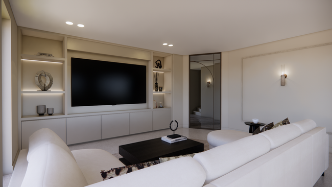 Eethoek: ronde tafel met vier lichte stoelen, houten lamellenwand, glazen hanglampen, planten.