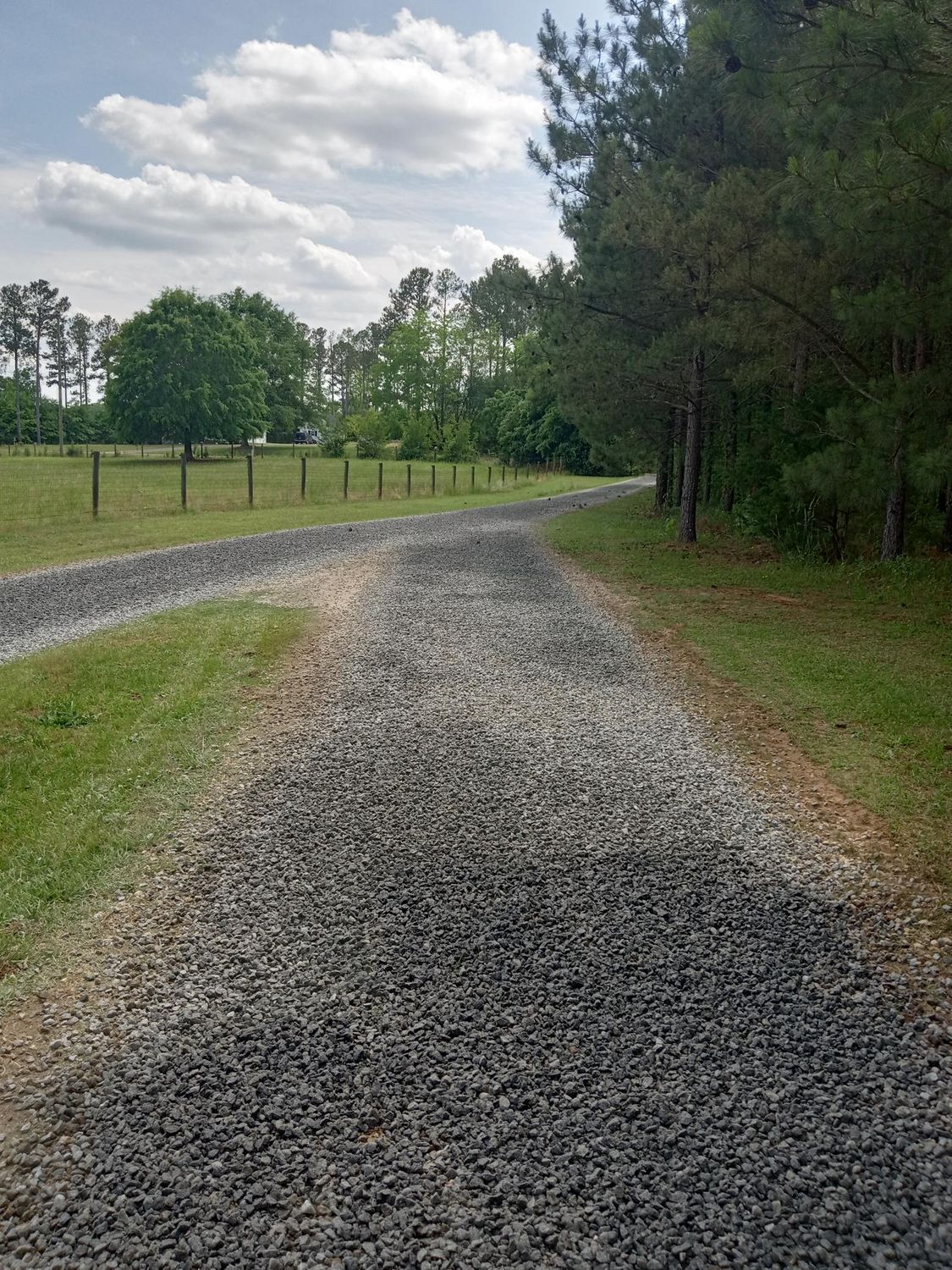 A gravel road going through a grassy field with trees on both sides.