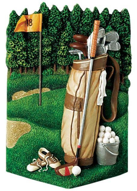 A painting of a golf course with the number 18 on the flag